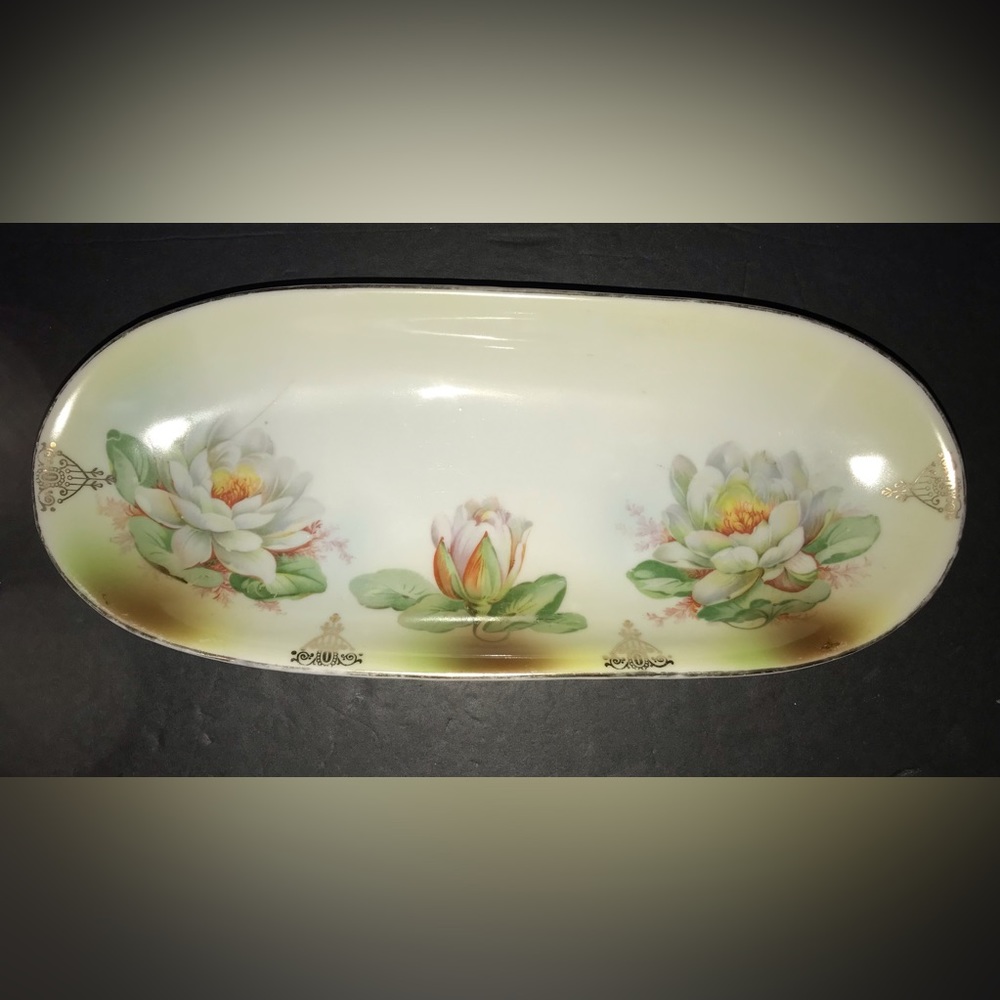 Vintage German Oblong Porcelain Hand Painted White/Pink Flowers Gold Border